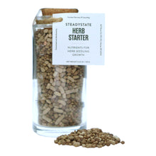 Load image into Gallery viewer, Herb starter fertilizer in a 3.4 oz glass jar with cork lid

